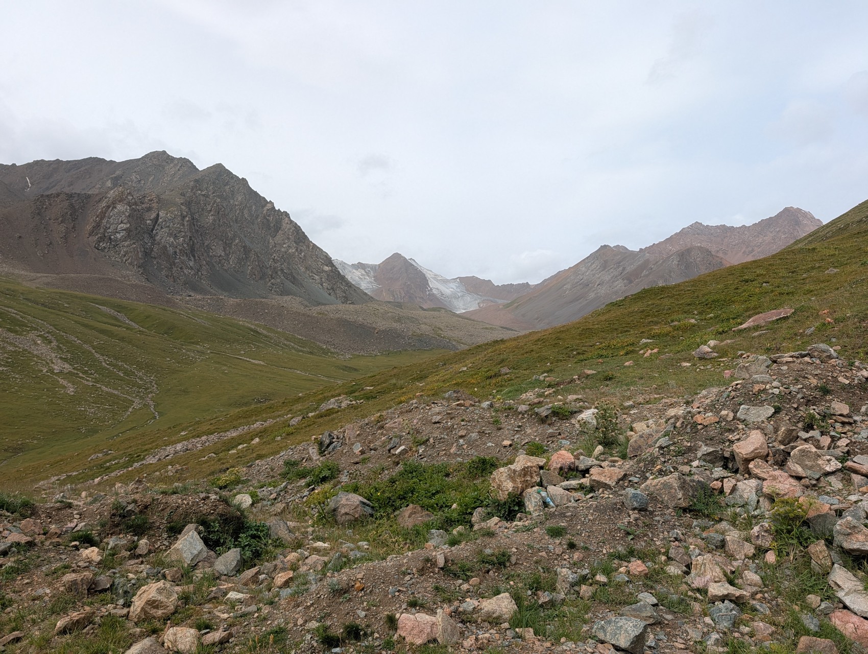 Glacier and rocky peaks under overcast sky